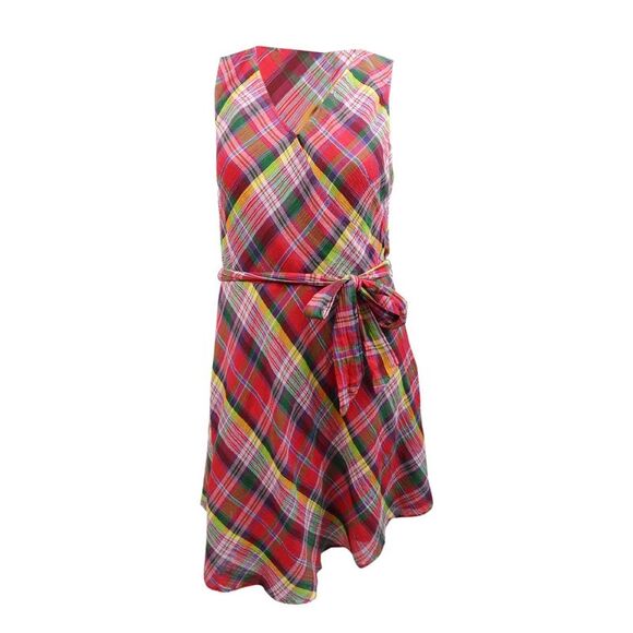Lauren Ralph Lauren Women's Plaid Crinkle Cotton Dress (12, Pink Multi) - Picture 1 of 3
